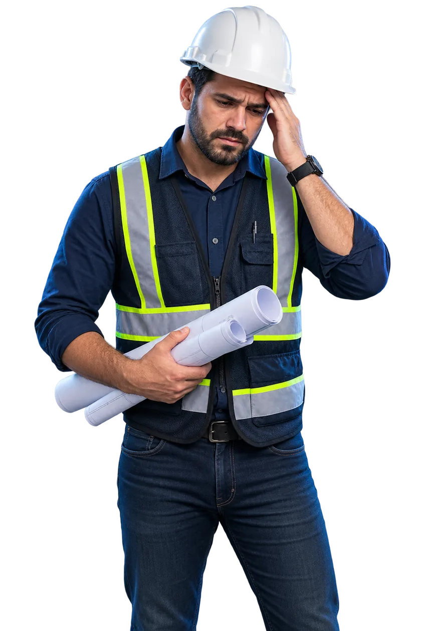 Engenheiro civil de capacete branco, preocupado e cansado, pensando nas pendências da obra