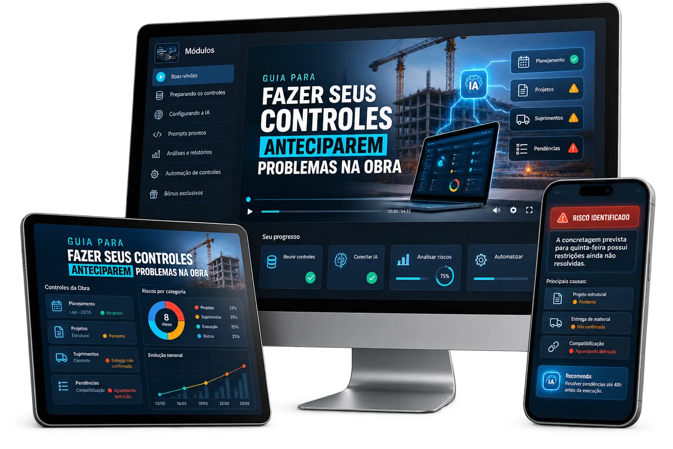 Guia aberto em computador, tablet e celular mostrando controles e riscos de uma obra